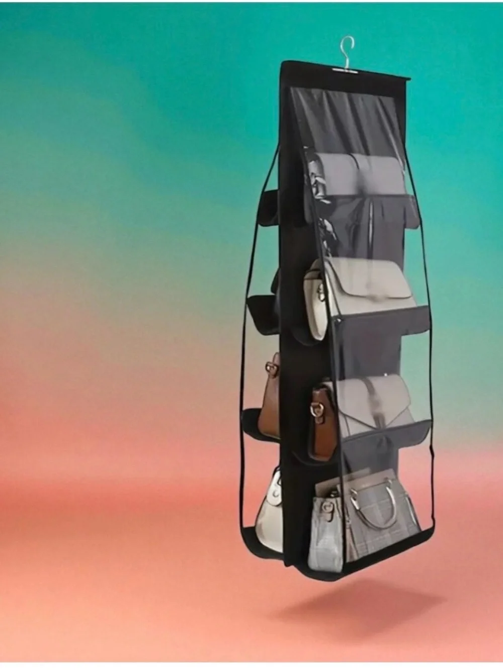 Over-the-Door Black Hanging Handbag Organizer with Clear Front